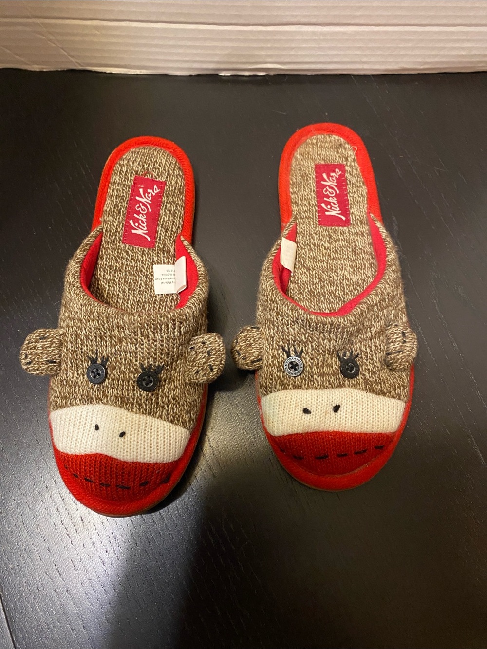 Nick & Nora Brown and Red Monkey Knit Slip-On Slippers